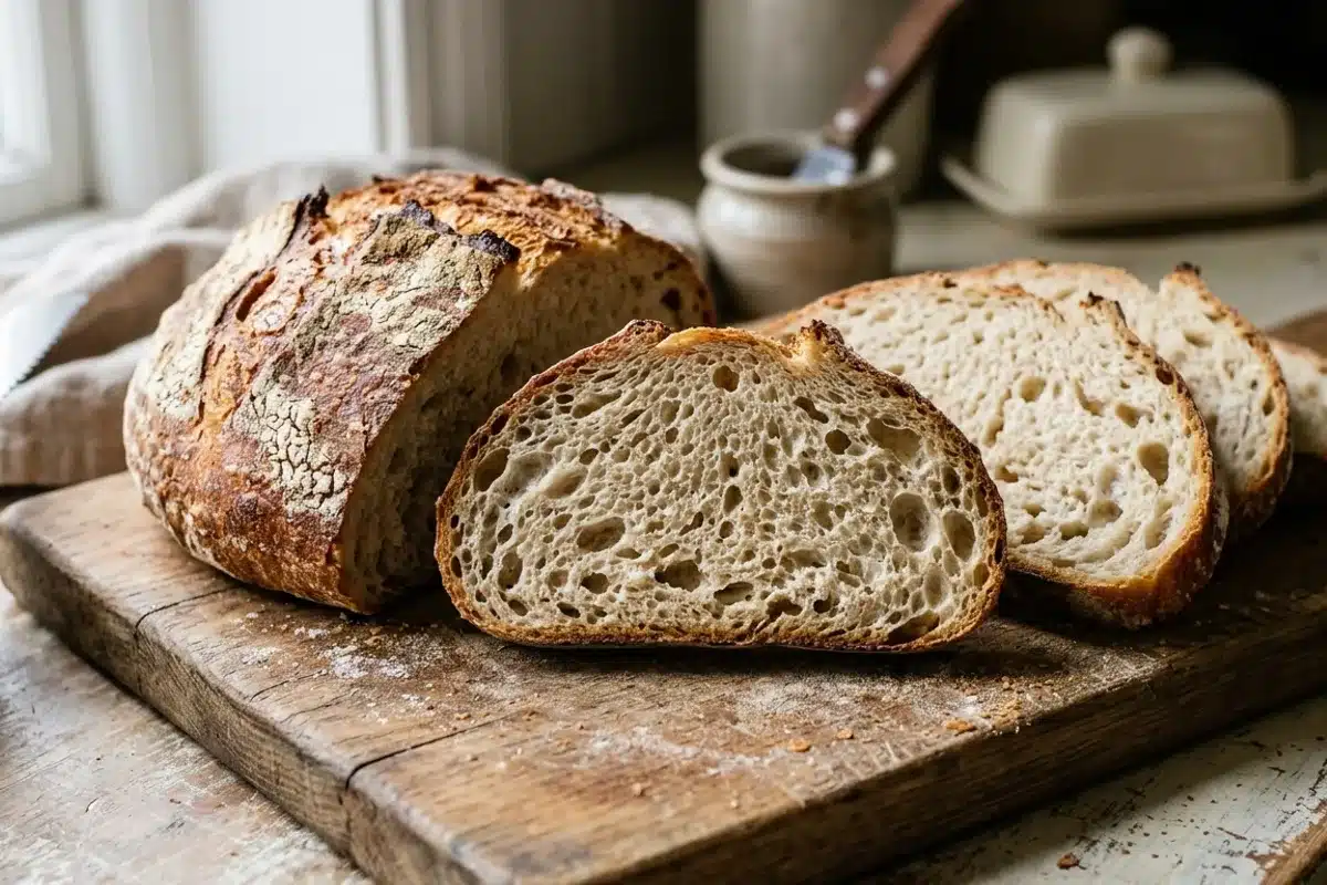 Pain artisanal à la farine d'épeautre tranché Pain artisanal à l'épeautre tranché sur une planche en bois, montrant la mie aérée et la croûte rustique dorée