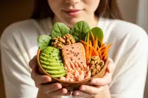 Femme à la peau hydratée tenant un bol d'aliments riches en oméga-3 et vitamines pour la peau sèche