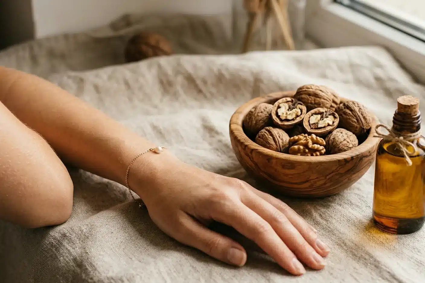 Barrière cutanée et lipides alimentaires pour peau sèche Peau hydratée d'un avant-bras féminin près de noix et d'huile de lin, sources d'oméga-3