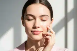 Peau sensible et apaisée, jeune femme au teint net effleurant sa joue dans une lumière douce
