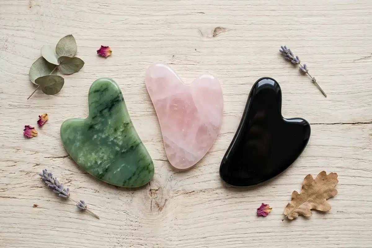 Trois pierres de gua sha jade quartz rose et obsidienne Trois pierres de gua sha jade vert, quartz rose et obsidienne noire posées sur une planche de bois clair
