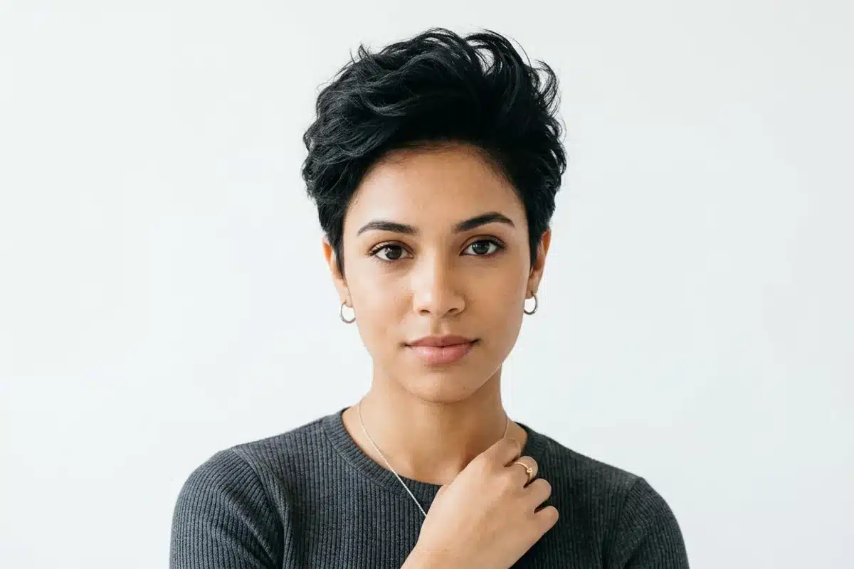 Pixie cut avec volume sur le dessus pour visage rond Femme avec un pixie cut court, volume concentré sur le dessus de la tête, fond blanc