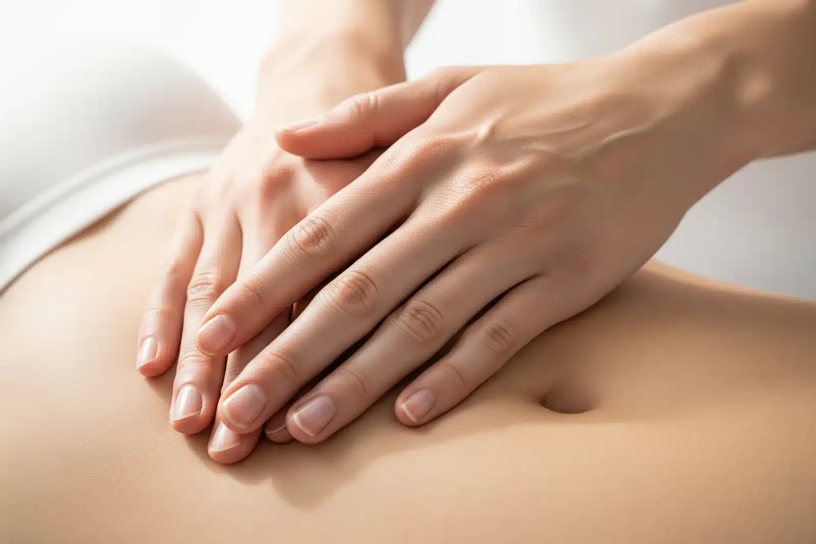Plexus solaire bloqué – mains posées sur l’abdomen Mains posées doucement sur l'abdomen dans la zone du plexus solaire