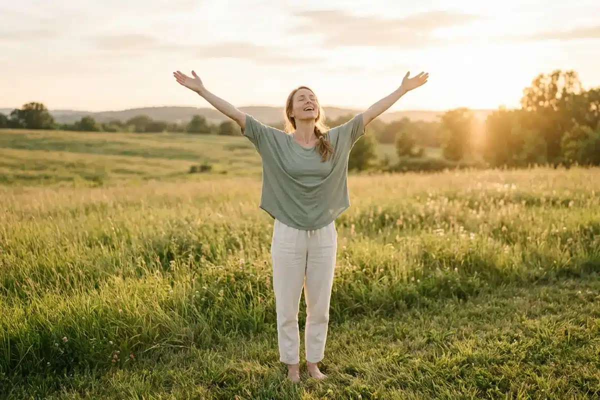 Posture de liberation, bras ecartes et cage thoracique ouverte Femme debout dans un champ, bras grand ecartes et poitrine ouverte, sensation de liberation du plexus solaire