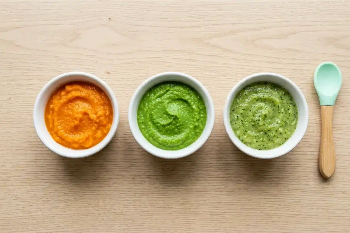 Premières purées légumes bébé Bols de purées de légumes colorées pour la diversification alimentaire du nourrisson