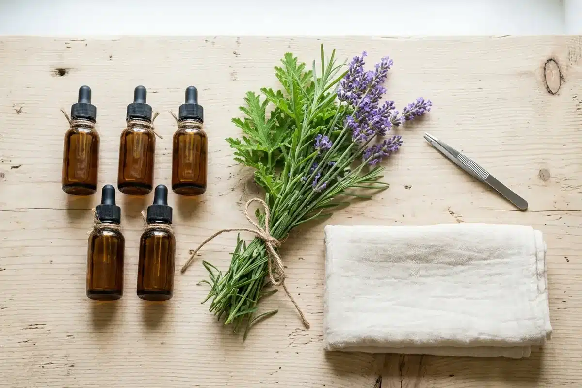 Répulsifs naturels : huiles essentielles, citronnelle et lavande Flacons d'huiles essentielles, brins de citronnelle et de lavande et tire-tique posés sur une table en bois