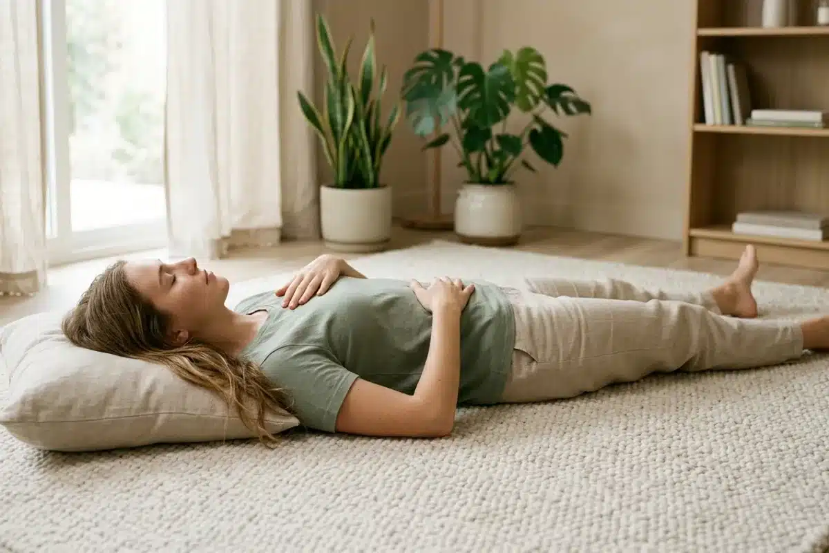 Exercice de respiration abdominale allongée Femme allongée sur le dos, mains posées sur le ventre, pratiquant la respiration diaphragmatique