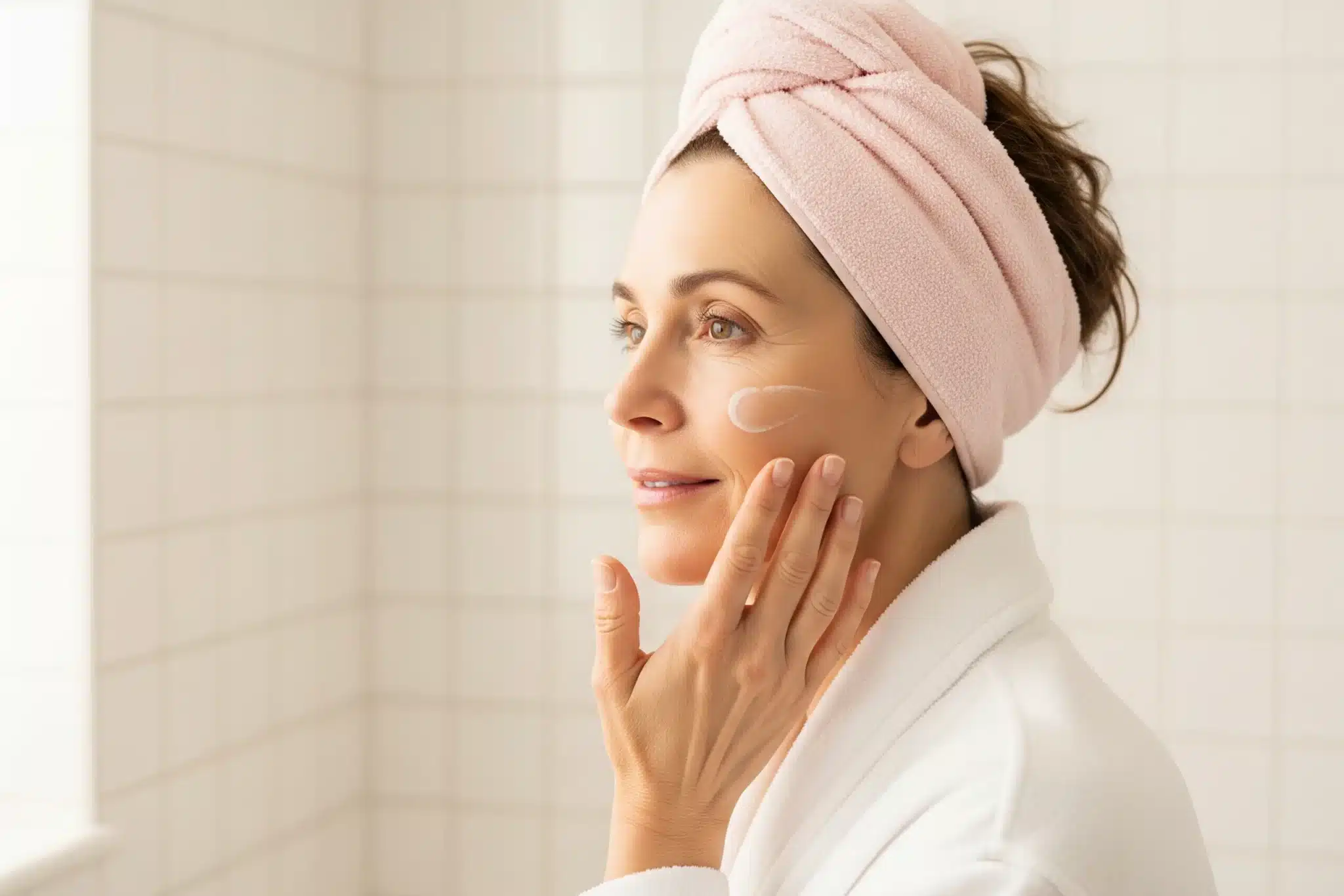 Routine anti-âge à 50 ans : application de soin visage le matin Femme d une cinquantaine d années appliquant une crème anti-âge sur le visage dans sa salle de bain