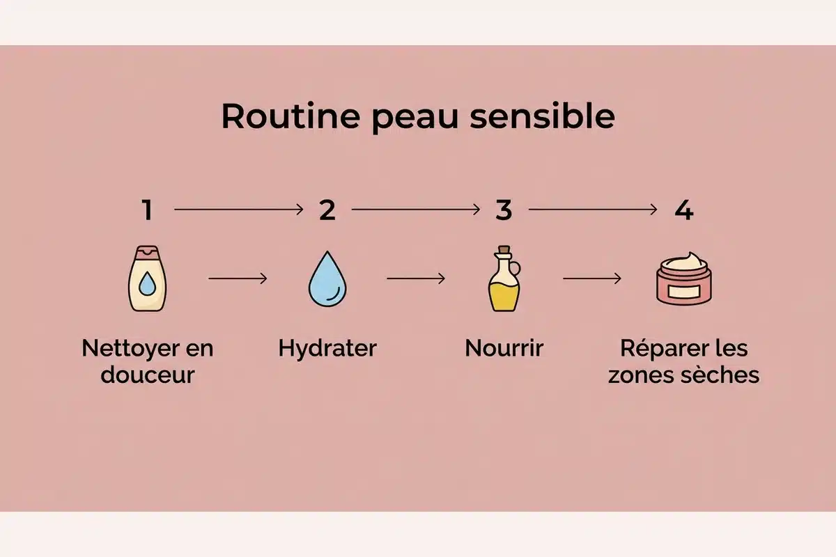 Routine peau sensible en 4 étapes Schéma de la routine peau sensible : nettoyer en douceur, hydrater, nourrir, réparer les zones sèches