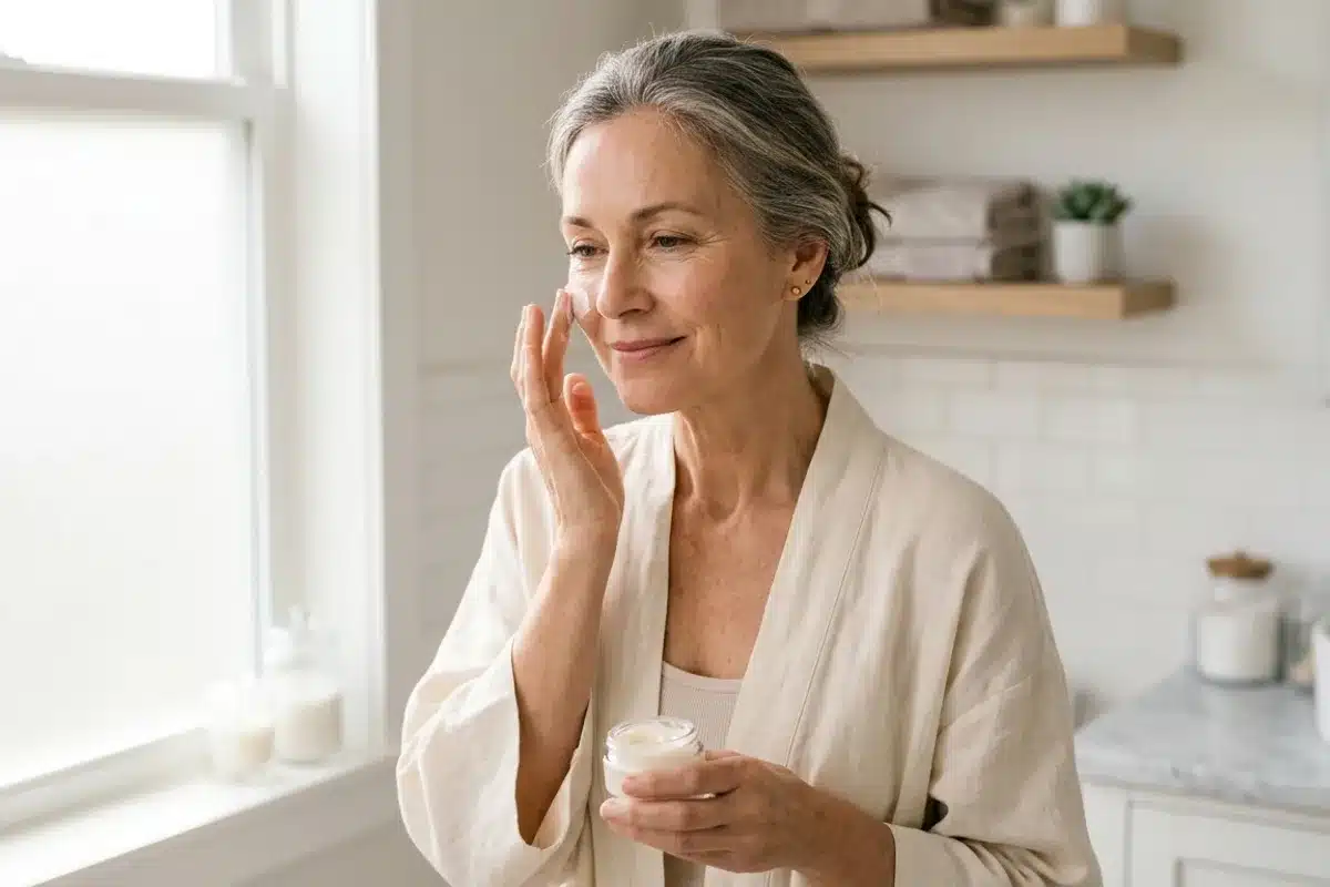 Routine de soins pour peau mature devant le miroir Femme d'une cinquantaine d'années appliquant sa crème de soin dans une salle de bain lumineuse