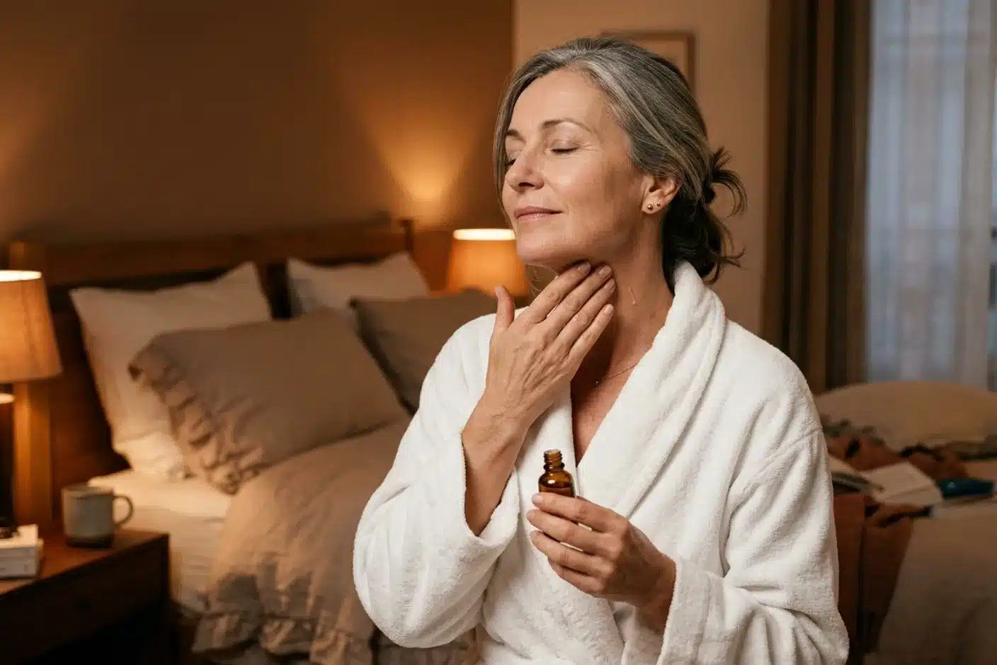 Application d un sérum régénérant le soir dans le cadre d une routine anti-âge Femme en peignoir blanc appliquant un sérum le long du cou le soir, routine anti-âge peau mature