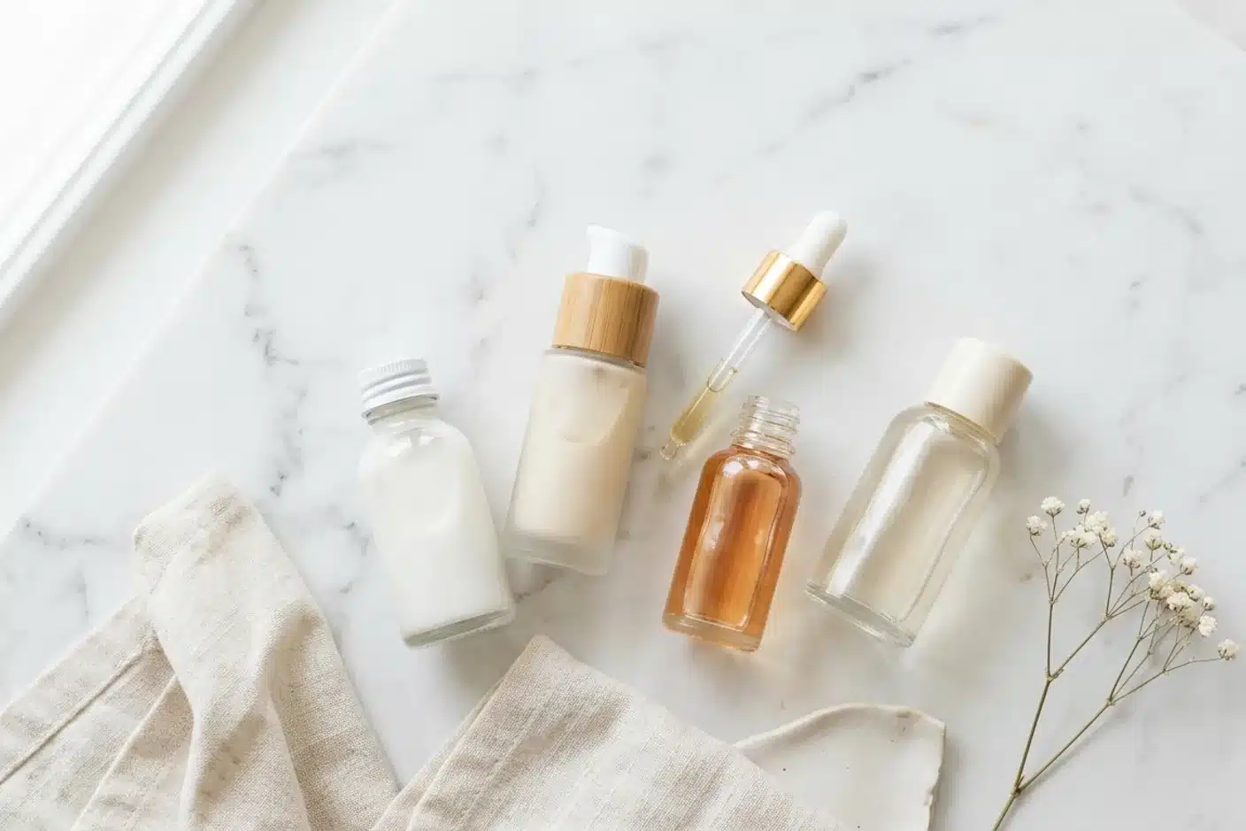 Soins et actifs cosmétiques pour peau mature Flacons de soins cosmétiques pour peau mature sur fond marbre blanc, vue de dessus