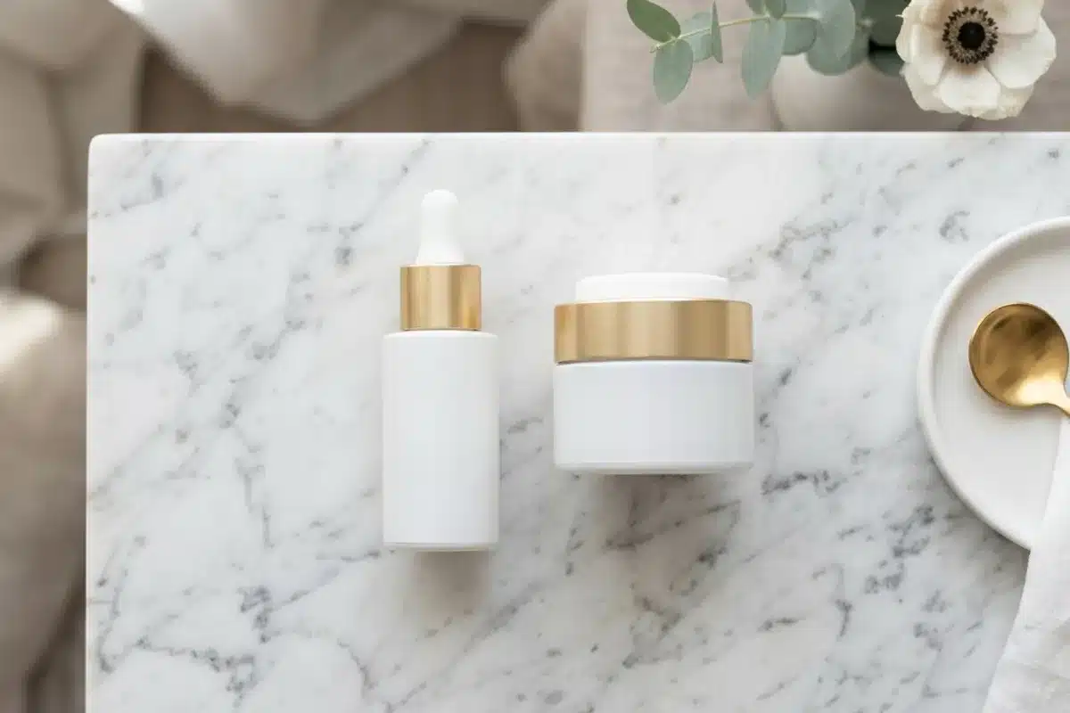 Soins anti-taches : sérum vitamine C et crème niacinamide Vue de dessus de deux flacons de soins dépigmentants blancs et dorés sur surface en marbre blanc