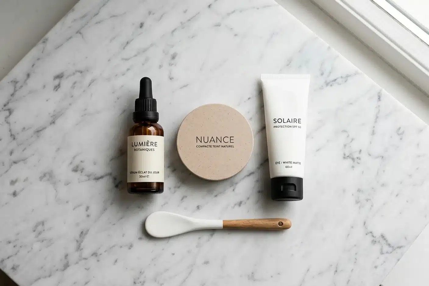 Soins de la routine matin anti-âge : sérum, crème hydratante et SPF Vue de dessus de produits cosmétiques anti-âge posés sur fond marbre : sérum, crème et protection solaire