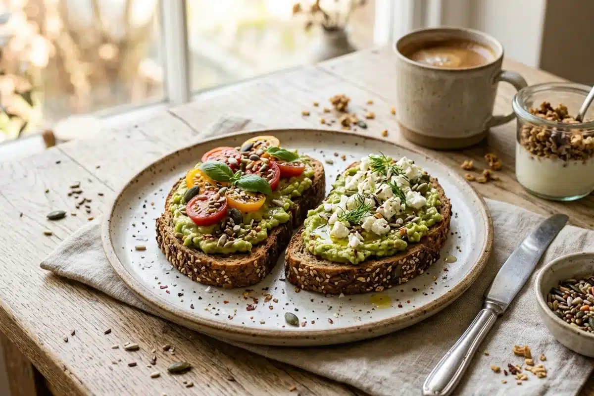 Tartines de pain complet aux graines Tartines de pain complet aux graines garnies d'avocat, tomates et fromage frais