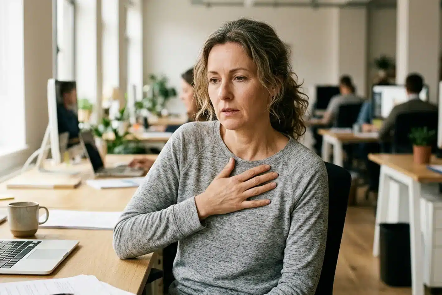 Tension musculaire thoracique au bureau Femme au bureau tenant sa main sur sa poitrine, illustrant une douleur sternale musculaire
