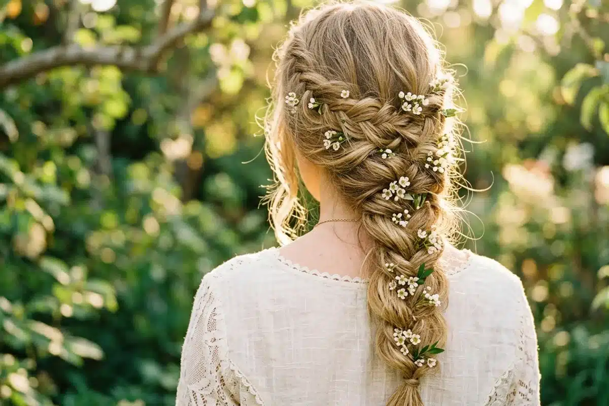 Tresse bohème pour mariage sur cheveux longs avec fleurs Vue de dos sur une tresse bohème avec petites fleurs blanches dans des cheveux longs, lumière naturelle dorée