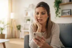 Urgence dentaire : une femme tient sa joue douloureuse en consultant son téléphone chez elle