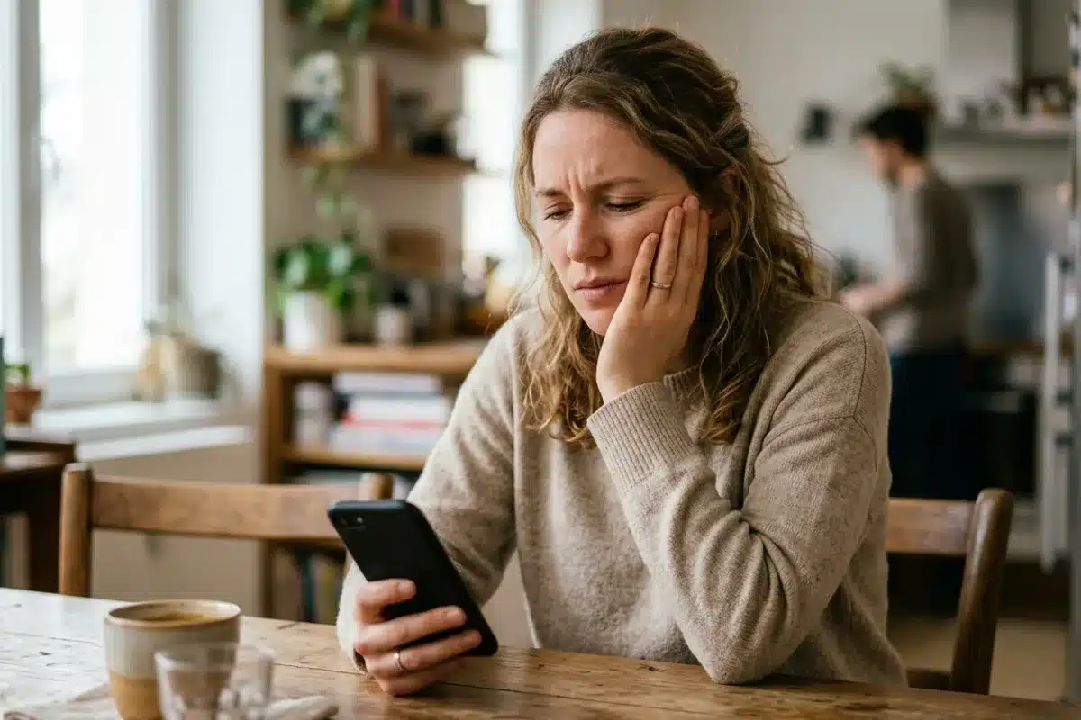 Femme avec une douleur dentaire, téléphone en main Une femme tient sa joue douloureuse à une table, son téléphone dans l'autre main