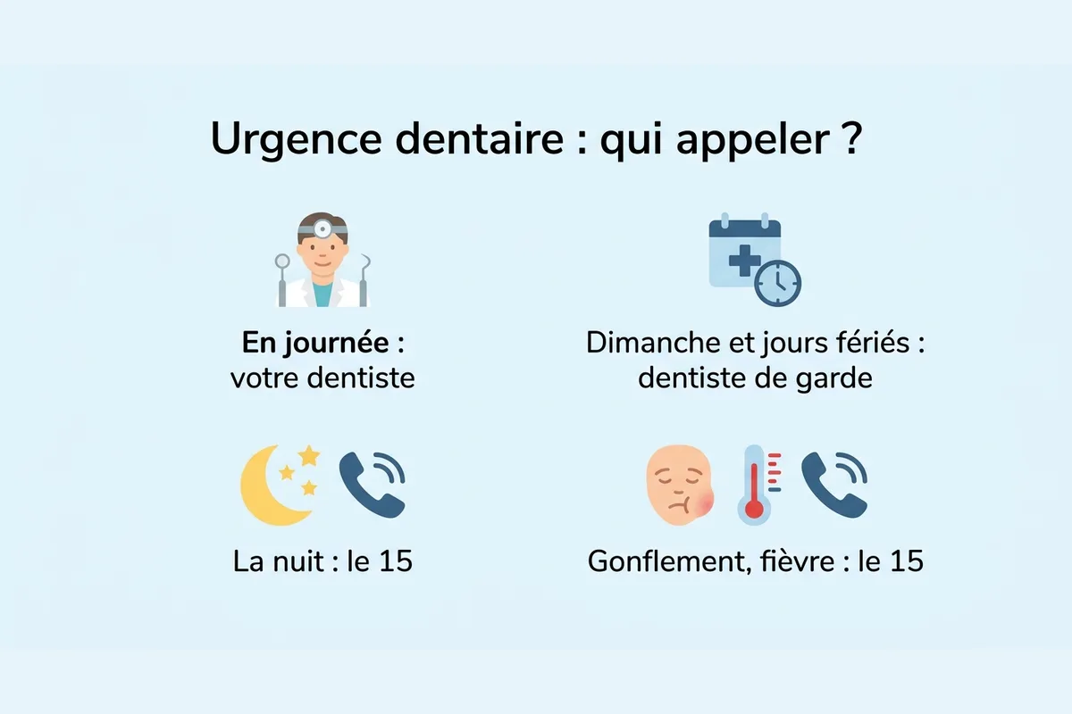 Urgence dentaire : qui appeler selon le moment Schéma indiquant qui appeler en cas d'urgence dentaire selon le moment de la journée