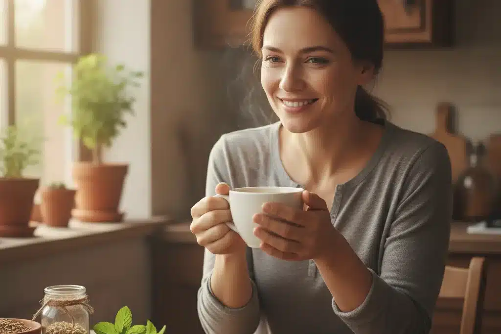 Tisanes et remèdes naturels contre le ventre gonflé Femme tenant une tasse de tisane de fenouil et menthe