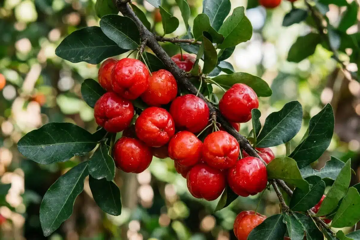 Acérola bio riche en vitamine C naturelle Fruits d'acérola bio rouges sur branche, source naturelle de vitamine C