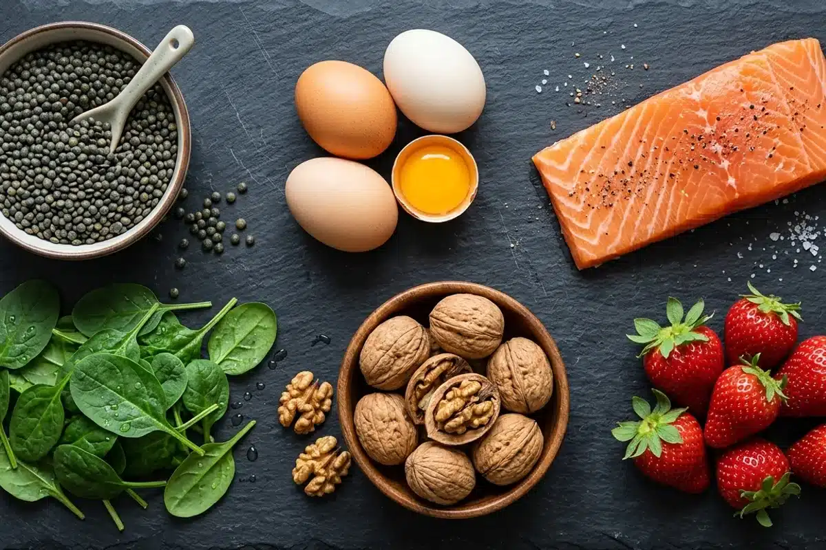 Aliments bons pour les cheveux : fer, protéines, zinc et oméga-3 Vue de dessus d'aliments riches pour la santé des cheveux : oeufs, saumon, noix, épinards, lentilles et fraises sur fond ardoise