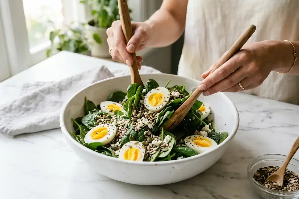 Préparation d'une salade capillaire aux épinards et oeufs Mains préparant une salade aux épinards frais, oeufs durs et graines dans un bol blanc sur marbre