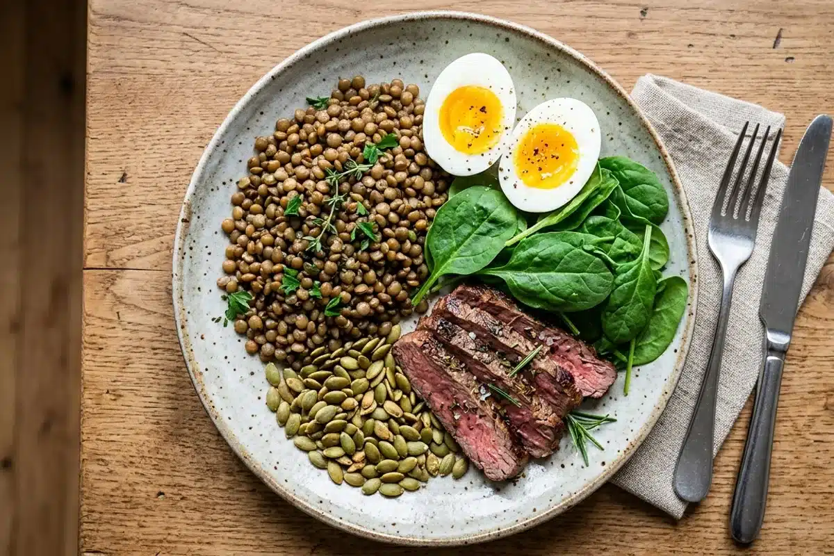 Aliments riches en fer pour les cheveux Assiette d'aliments riches en fer et en protéines : lentilles, œuf, épinards, viande et graines