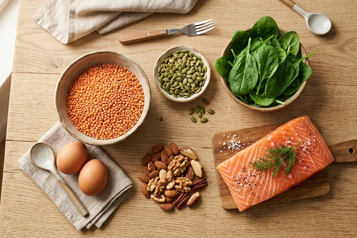 Aliments bons pour les cheveux Oeufs, lentilles corail, fruits à coque, graines de courge, épinards et saumon disposés sur une table en bois
