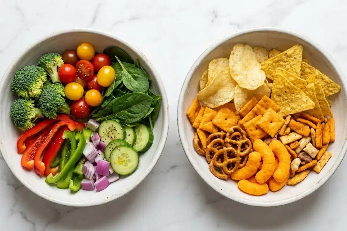 aliments inflammatoires à éviter comparaison légumes chips Comparaison entre légumes frais anti-inflammatoires et snacks industriels pro-inflammatoires dans deux bols