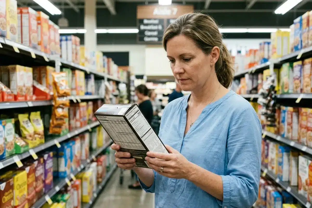 aliments inflammatoires à éviter femme supermarché étiquette Femme lisant une étiquette nutritionnelle dans un supermarché pour identifier les aliments inflammatoires à éviter