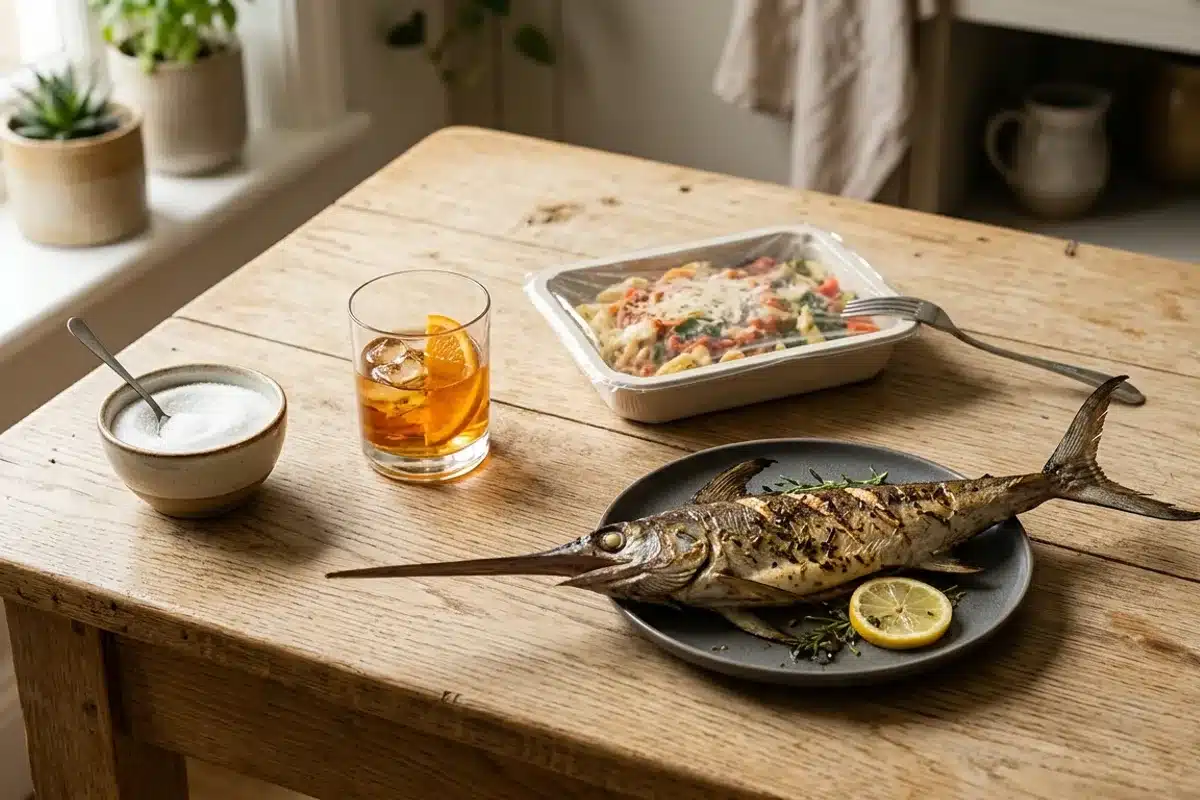 Aliments mauvais pour les cheveux : sucre, alcool, ultra-transformés Table avec aliments néfastes pour les cheveux : sucre raffiné, alcool, plats industriels et grand poisson