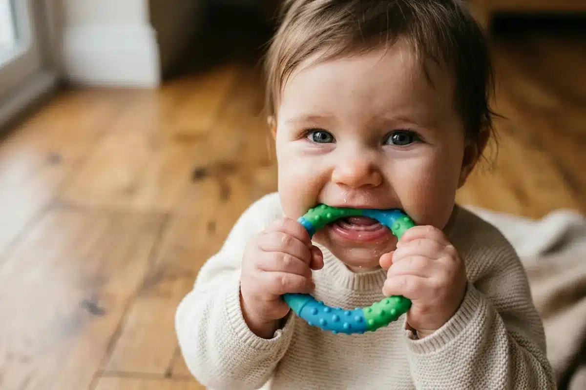 Anneau de dentition bébé Bébé mordant son anneau de dentition en silicone, symptôme de poussée dentaire