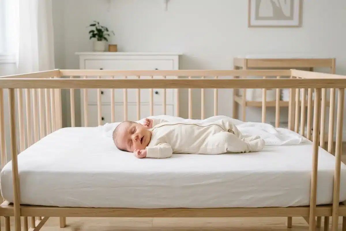 Bébé dormant sur le dos dans un lit à barreaux, position sécurisée Bébé dormant sur le dos dans un lit à barreaux, position recommandée pour la sécurité