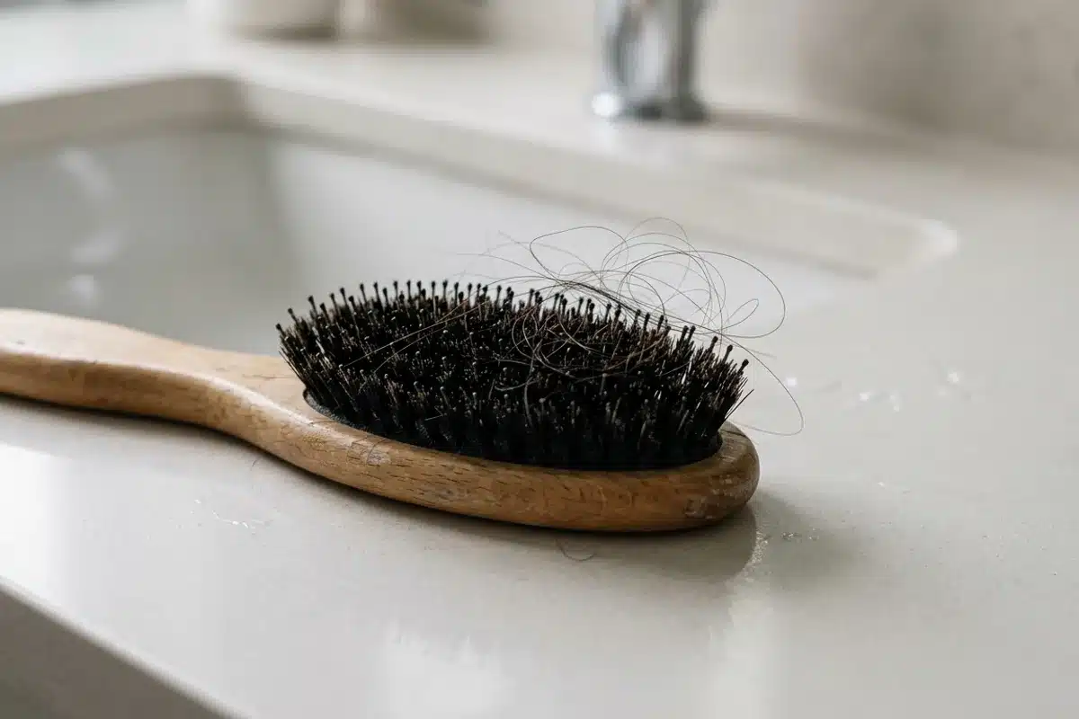 Brosse à cheveux avec des cheveux tombés Brosse à cheveux posée sur un lavabo avec quelques cheveux tombés, illustrant la chute de cheveux