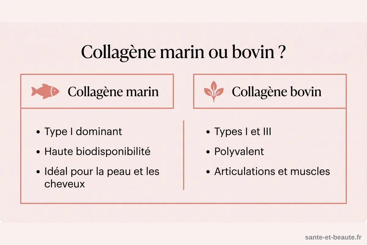Collagène marin vs bovin : comparatif complet Schéma comparatif collagène marin et collagène bovin : types, usages et biodisponibilité