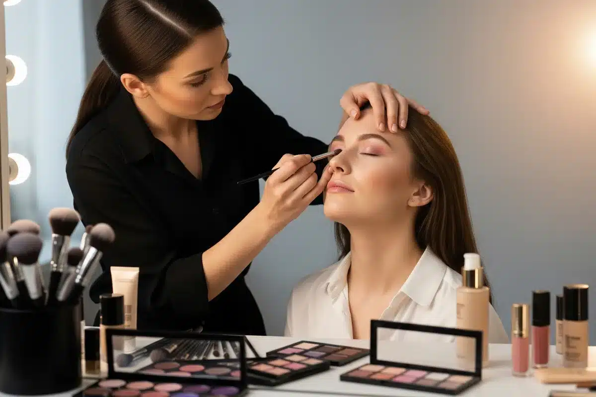 Maquilleuse professionnelle au travail Maquilleuse professionnelle appliquant de l'ombre à paupières sur une cliente en studio