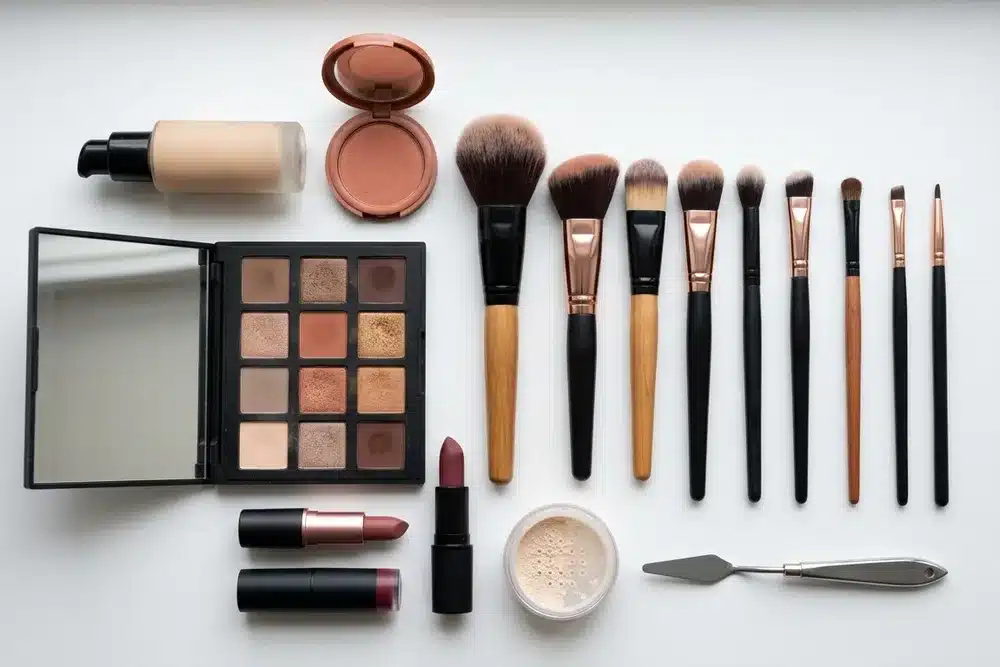 Palette de maquillage et pinceaux professionnels sur fond blanc