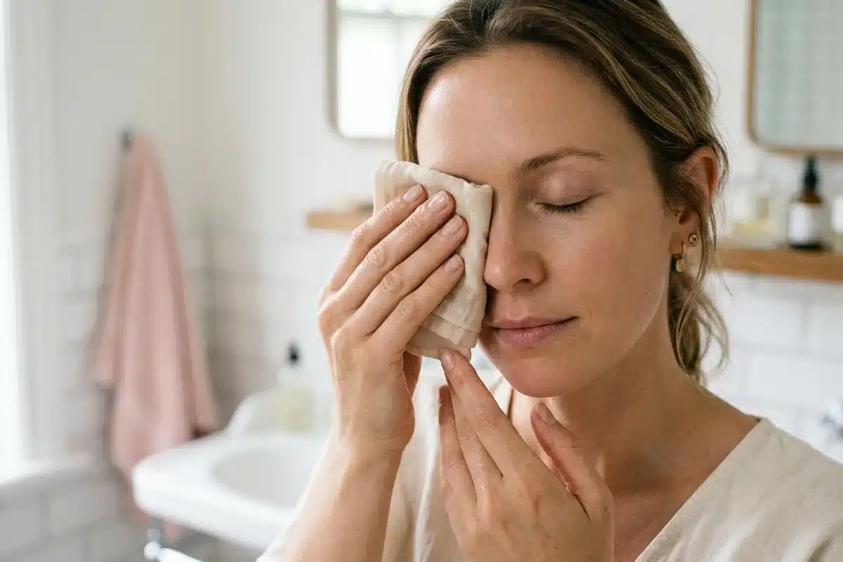 Compresse tiède pour apaiser la paupière Femme posant une compresse tiède sur son œil fermé pour calmer un tressautement