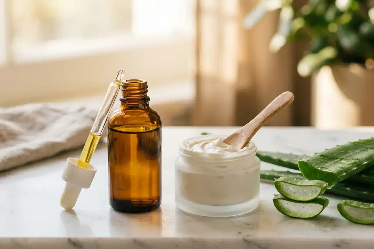 Cosmétiques biologiques bienfaits peau naturelle soins cosmétiques biologiques naturels certifiés : huile argan, aloe vera et crème bio sur marbre blanc
