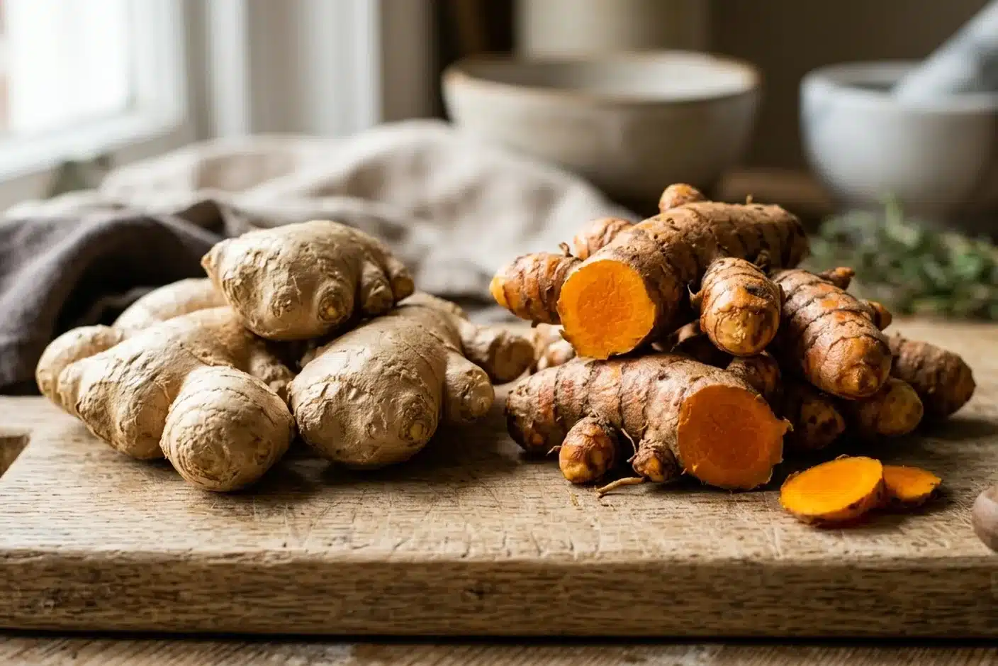 Curcuma et gingembre frais, épices anti-inflammatoires Racines de curcuma et gingembre frais sur planche en bois pour recette anti-inflammatoire