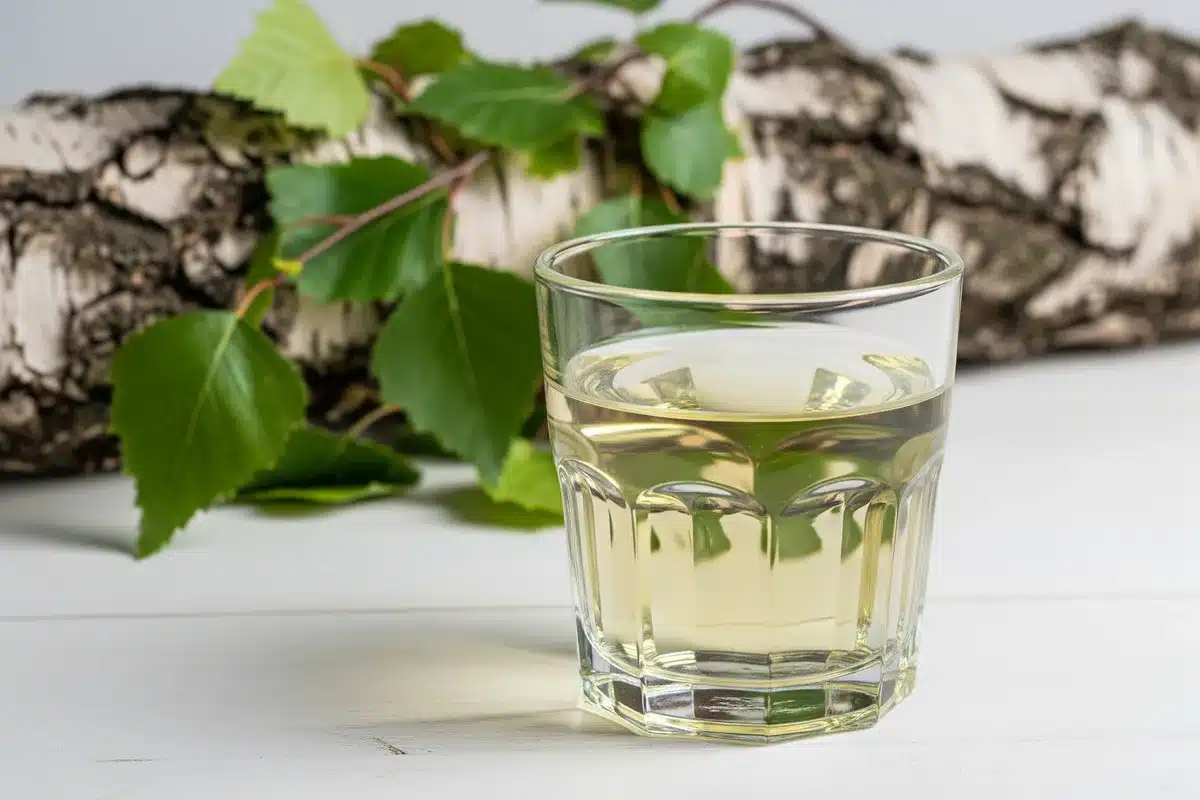 cure printanière de sève de bouleau fraîche dans un verre, remède naturel bienfaits santé