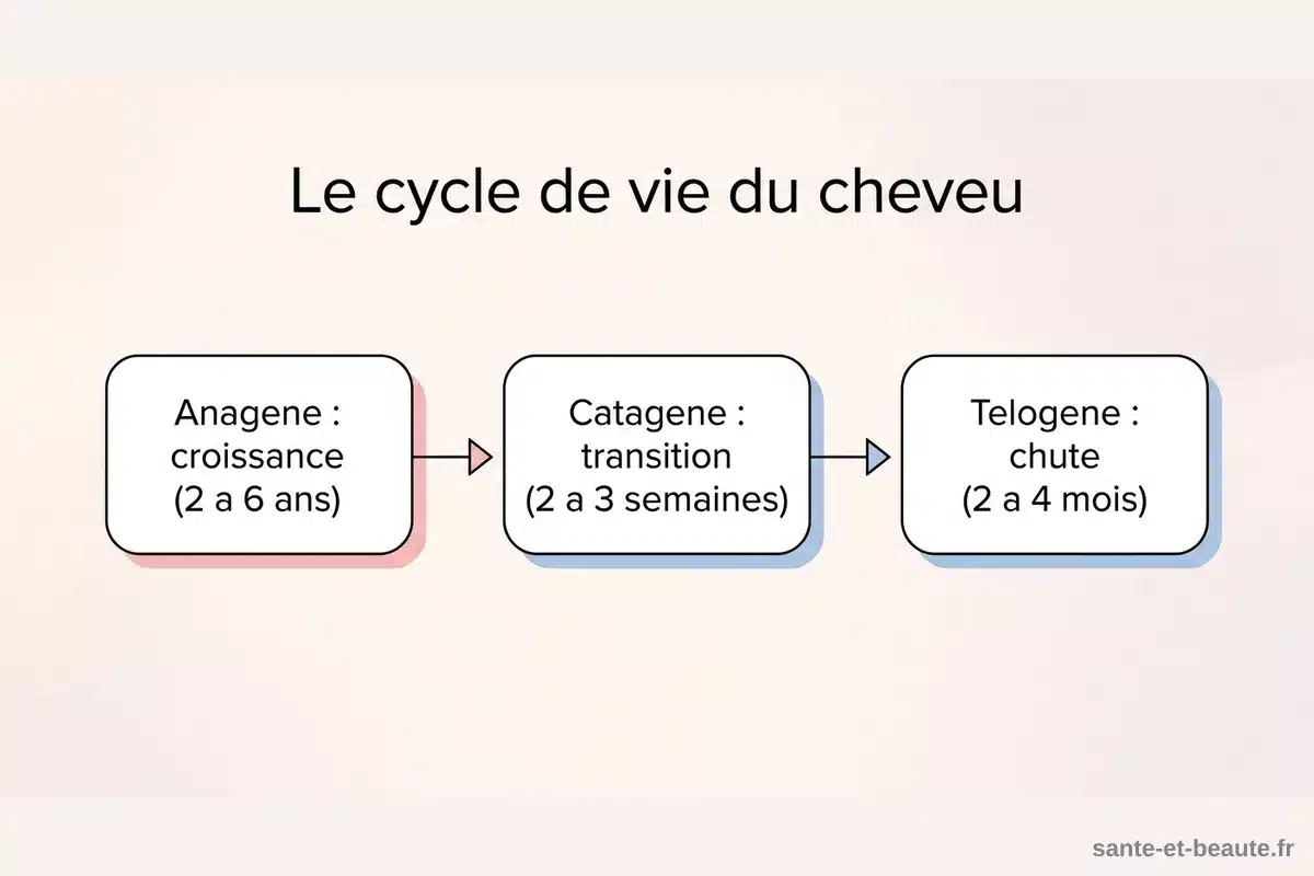 Le cycle de vie du cheveu Schéma du cycle de vie du cheveu en trois phases : anagène, catagène et télogène