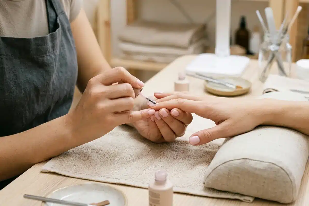 Esthéticienne réalisant une manucure Gros plan de mains chez une esthéticienne pendant une manucure soignée