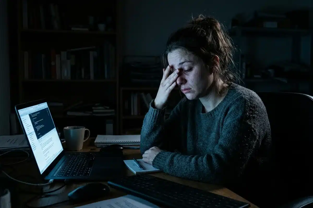 Fatigue oculaire devant les écrans Femme fatiguée se frottant les yeux devant un ordinateur portable le soir