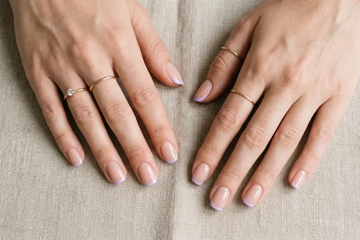 French manucure colorée liseré lilas sur ongles nude Ongles avec french manucure colorée, liseré lilas pâle sur base nude