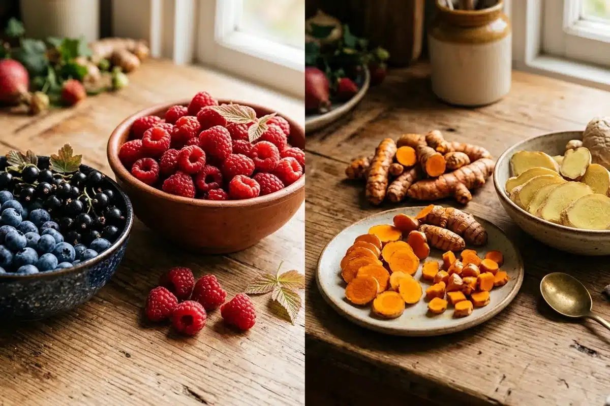 Fruits rouges, curcuma et gingembre frais Bols de myrtilles, cassis et framboises à côté de racines de curcuma et de gingembre coupées