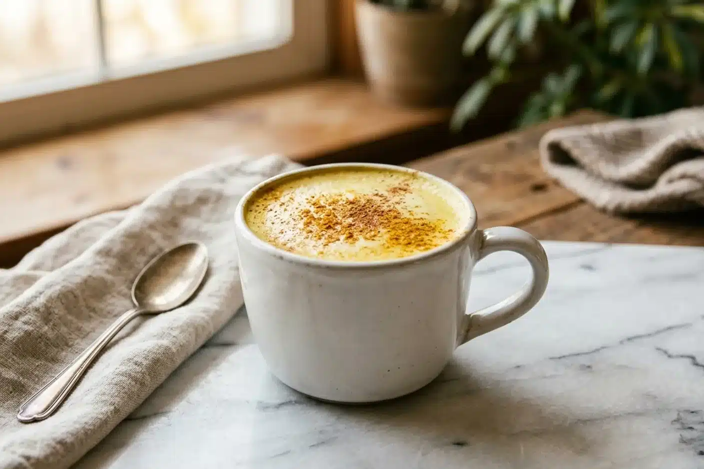Golden milk, lait d'or au curcuma anti-inflammatoire Mug de golden milk au curcuma sur fond de marbre blanc, boisson anti-inflammatoire