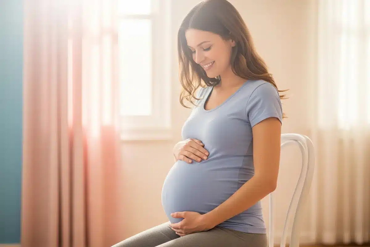 Femme enceinte sereine, mains sur le ventre, illustration des fuites urinaires pendant la grossesse